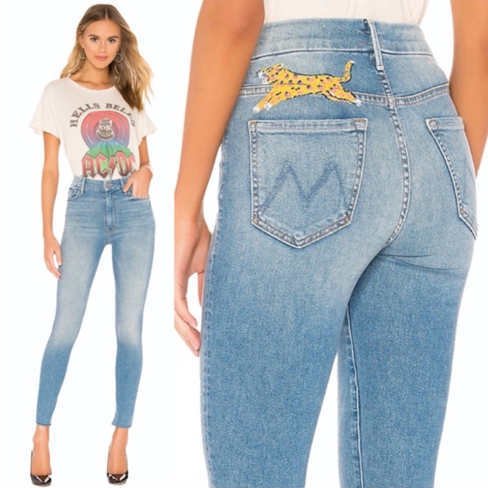 MOTHER Light Blue High-Rise Cropped Skinny Jeans with Yellow Leopard Patch